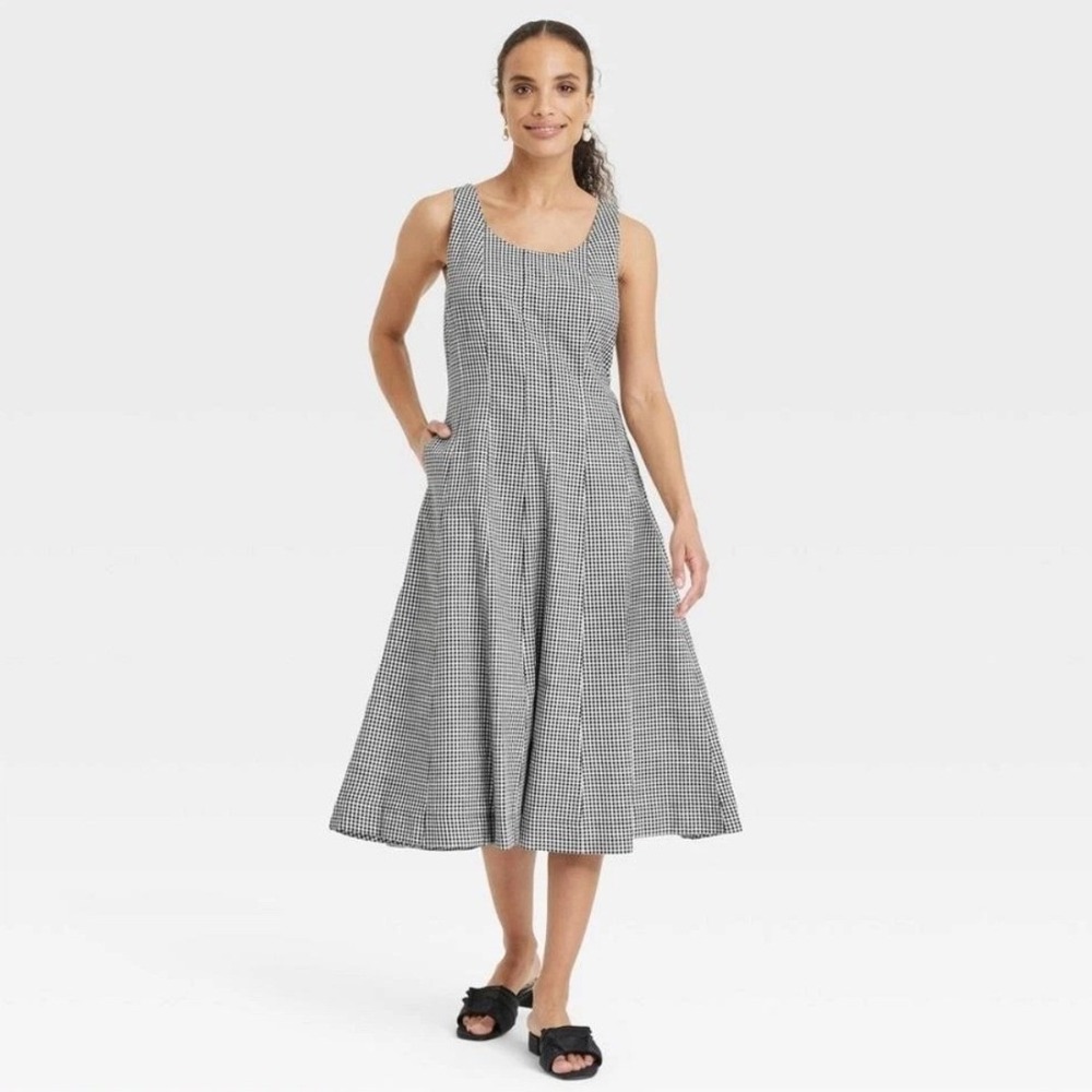 A New Day Corset Midi Dress Women 6‎ Black Gingham NEW Sleeveless A-Line Pocket